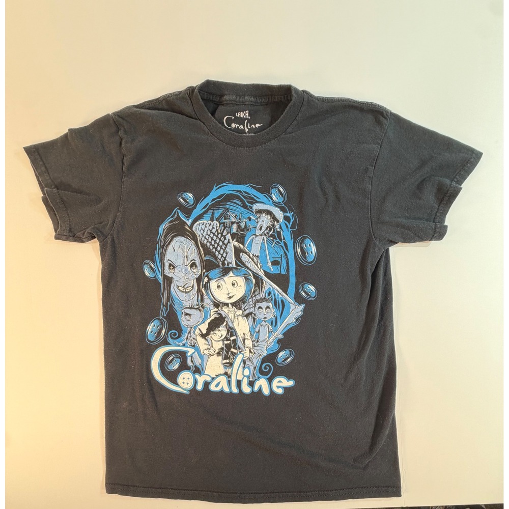 Laika Coraline Movie Graphic T-Shirt Mens Medium Black Blue Character Tee 2023